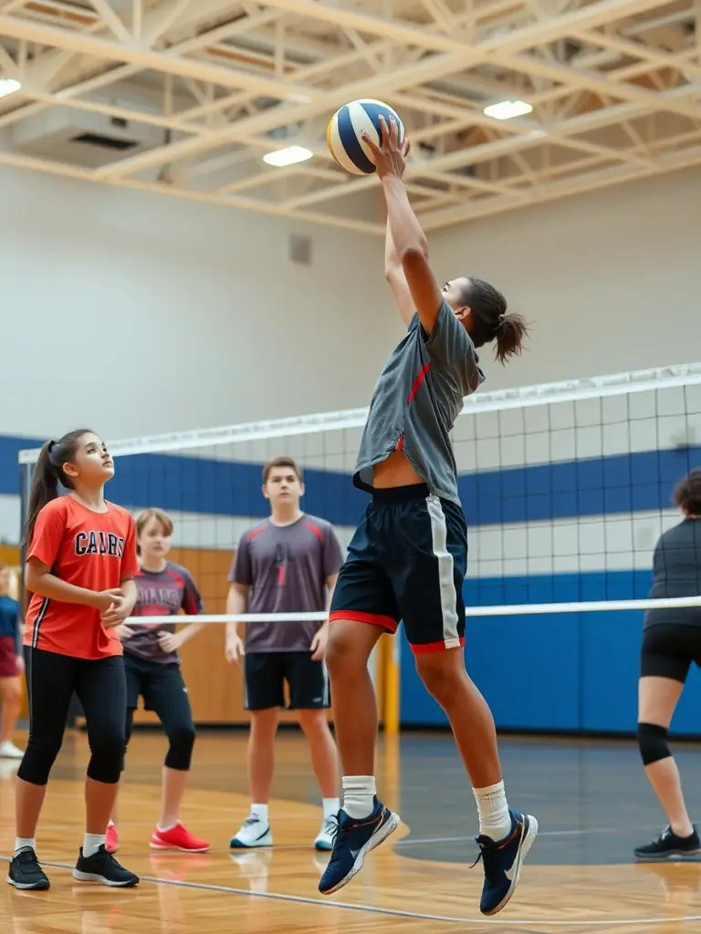 Middle school students participating in a volleyball match, showing coordination and communication.