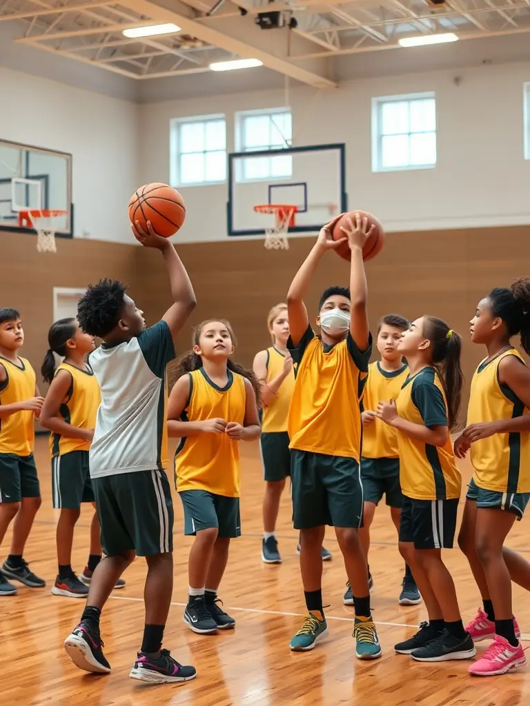 A group of middle school students playing basketball in a gymnasium, focusing on teamwork and skill development.
