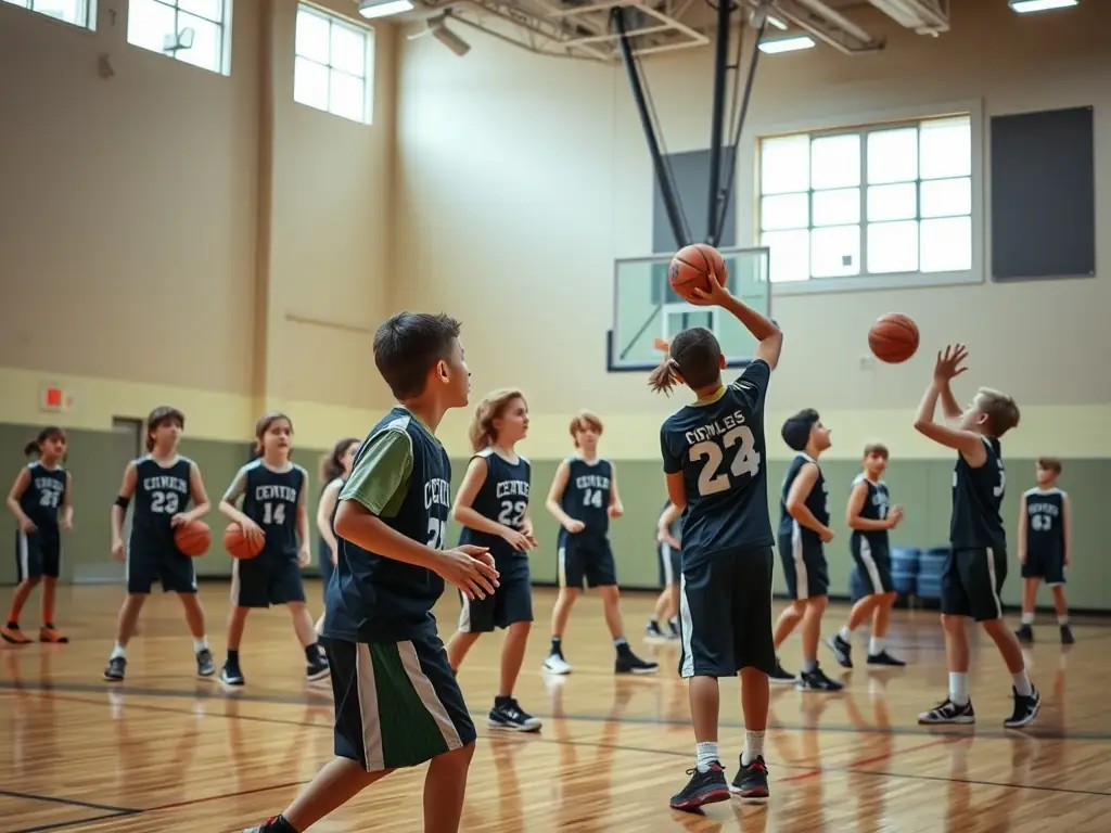 An image of students practicing basketball drills in the school gymnasium, focusing on skill development and coordination.