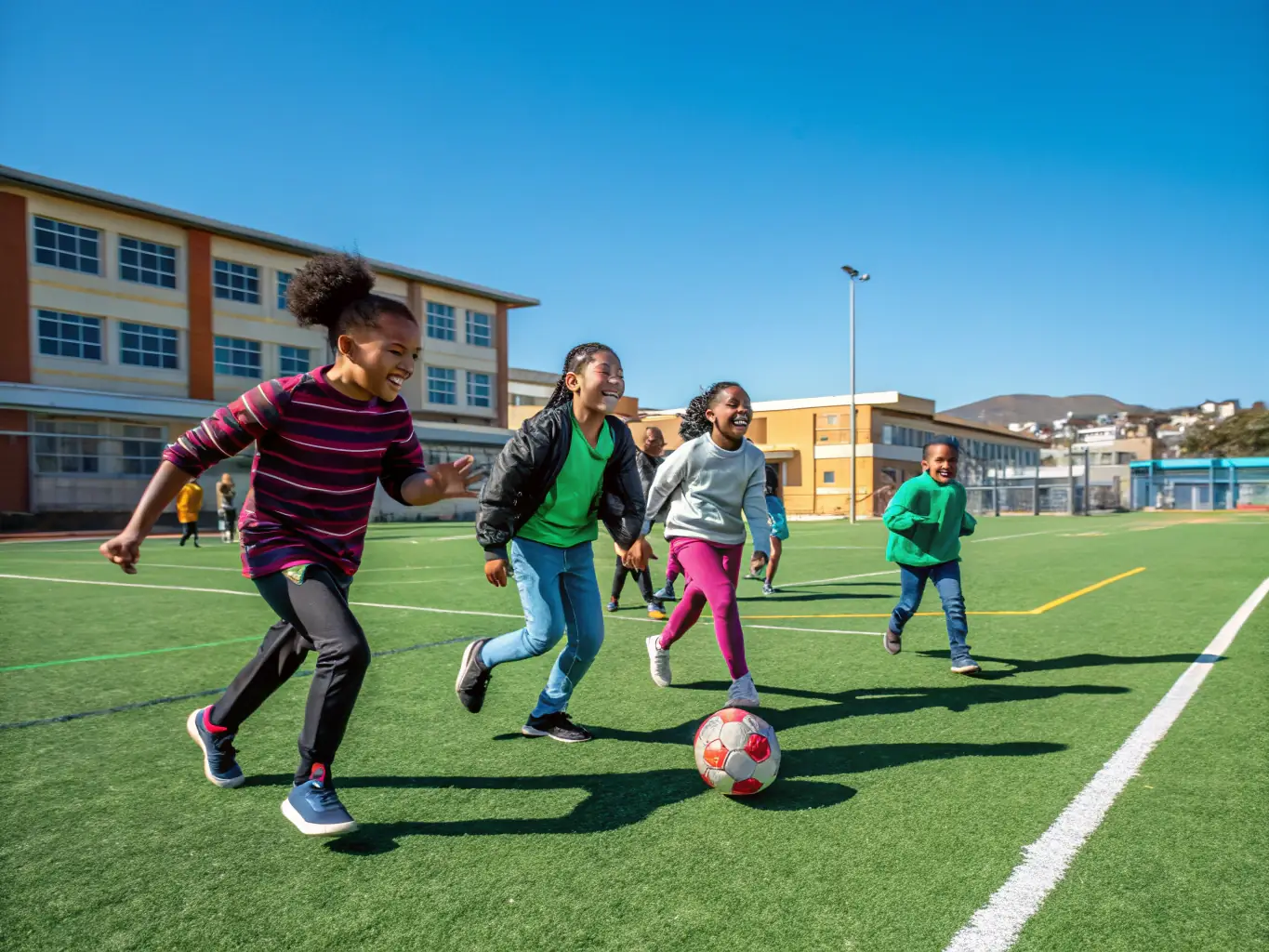 An image of smiling students participating in a soccer match on the school field, showcasing teamwork and enthusiasm.