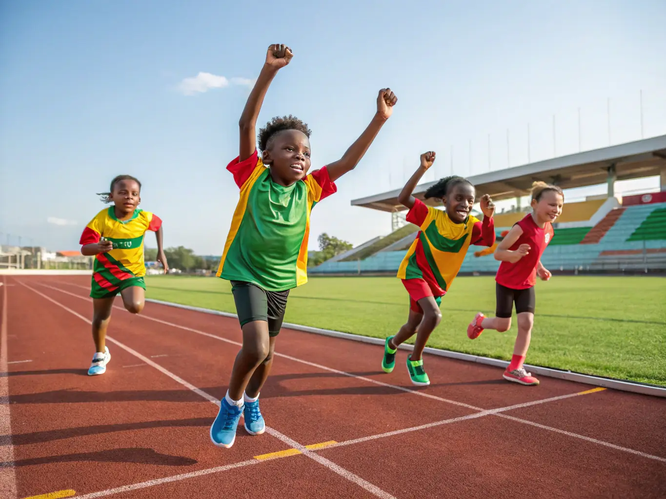 An image of students running track and field events on the school's running track, highlighting speed, agility, and endurance.