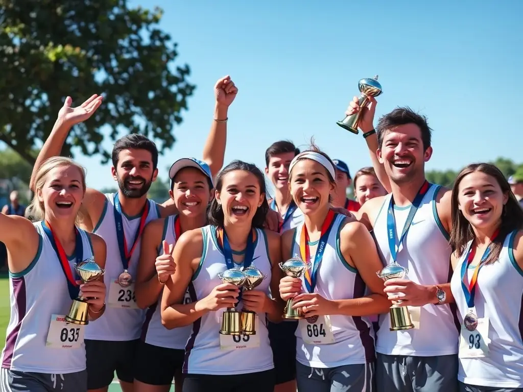An image of students celebrating a victory after a track and field event, showcasing the joy and sense of accomplishment that comes from perseverance.
