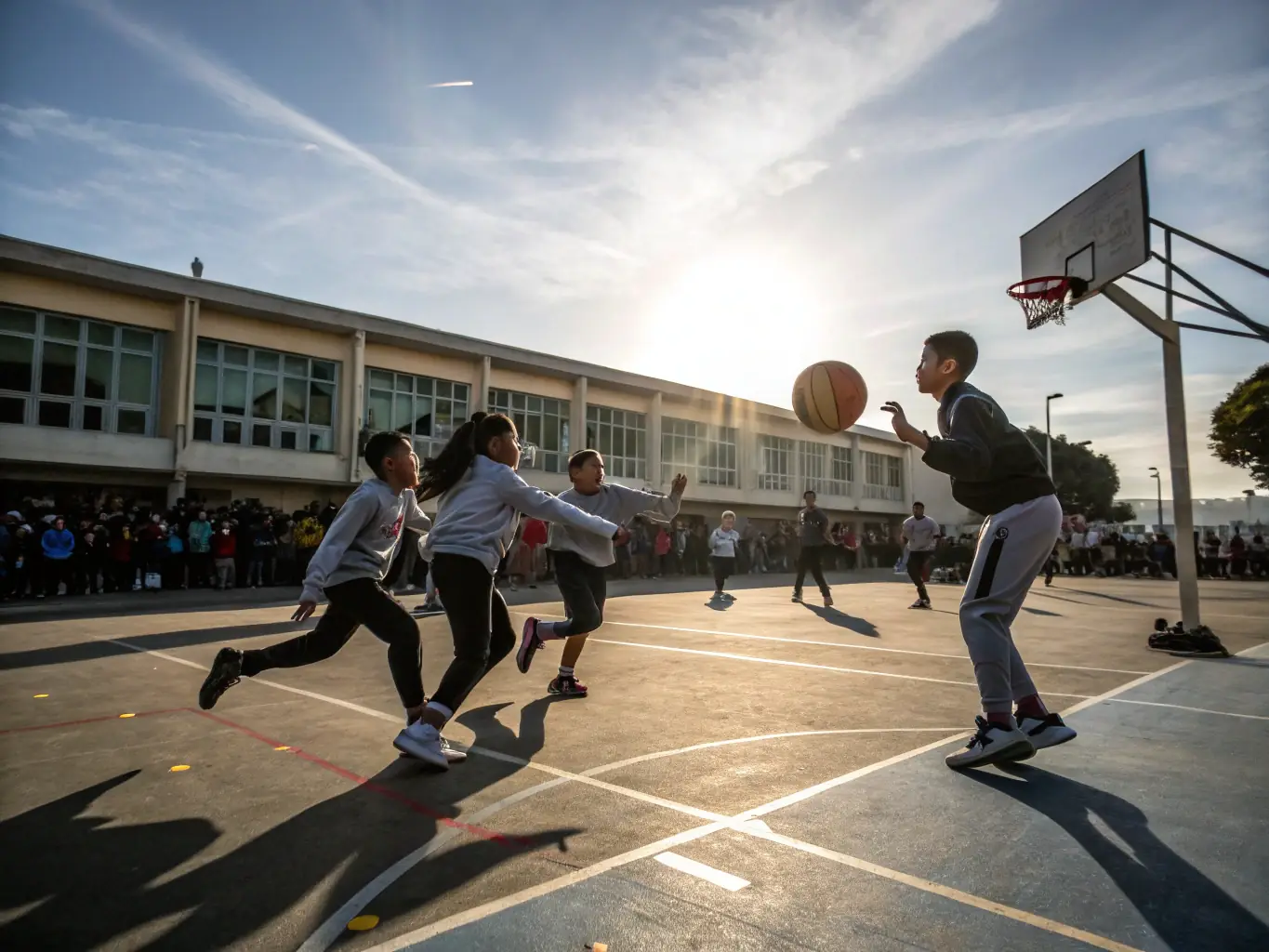 An image of students laughing and supporting each other during a basketball game, emphasizing the teamwork and camaraderie fostered by the association.